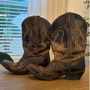 Laredo Women’s 9.5 M Brown Leather Western Cowboy Boots Embroidered Studded